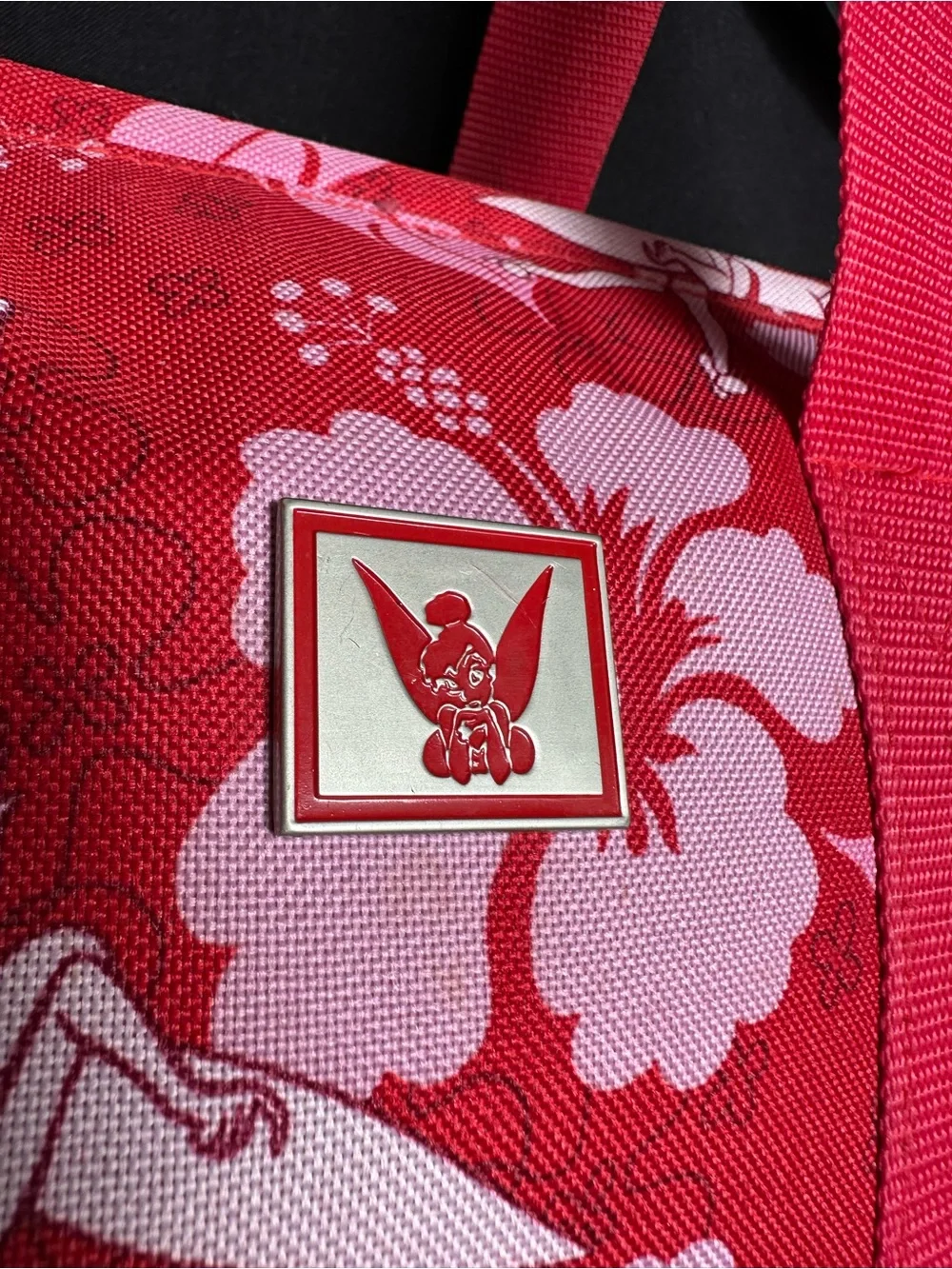 DISNEY TRADER JOE’S PRINT TINKER BELL DUFFEL TRAVEL BAG HAWAIIAN HIBISCUS FLORAL